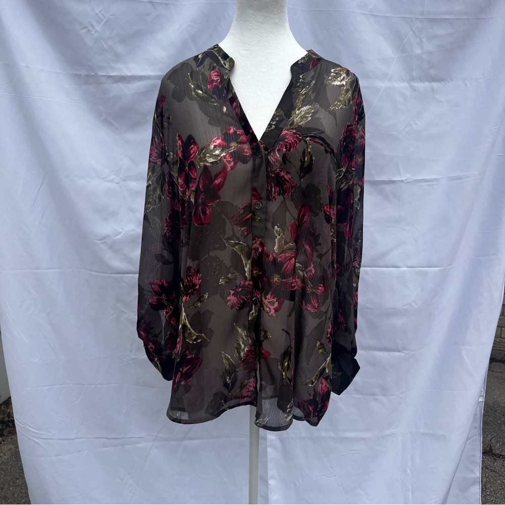 Kut from the Kloth Black and Pink Sheer Floral Blouse